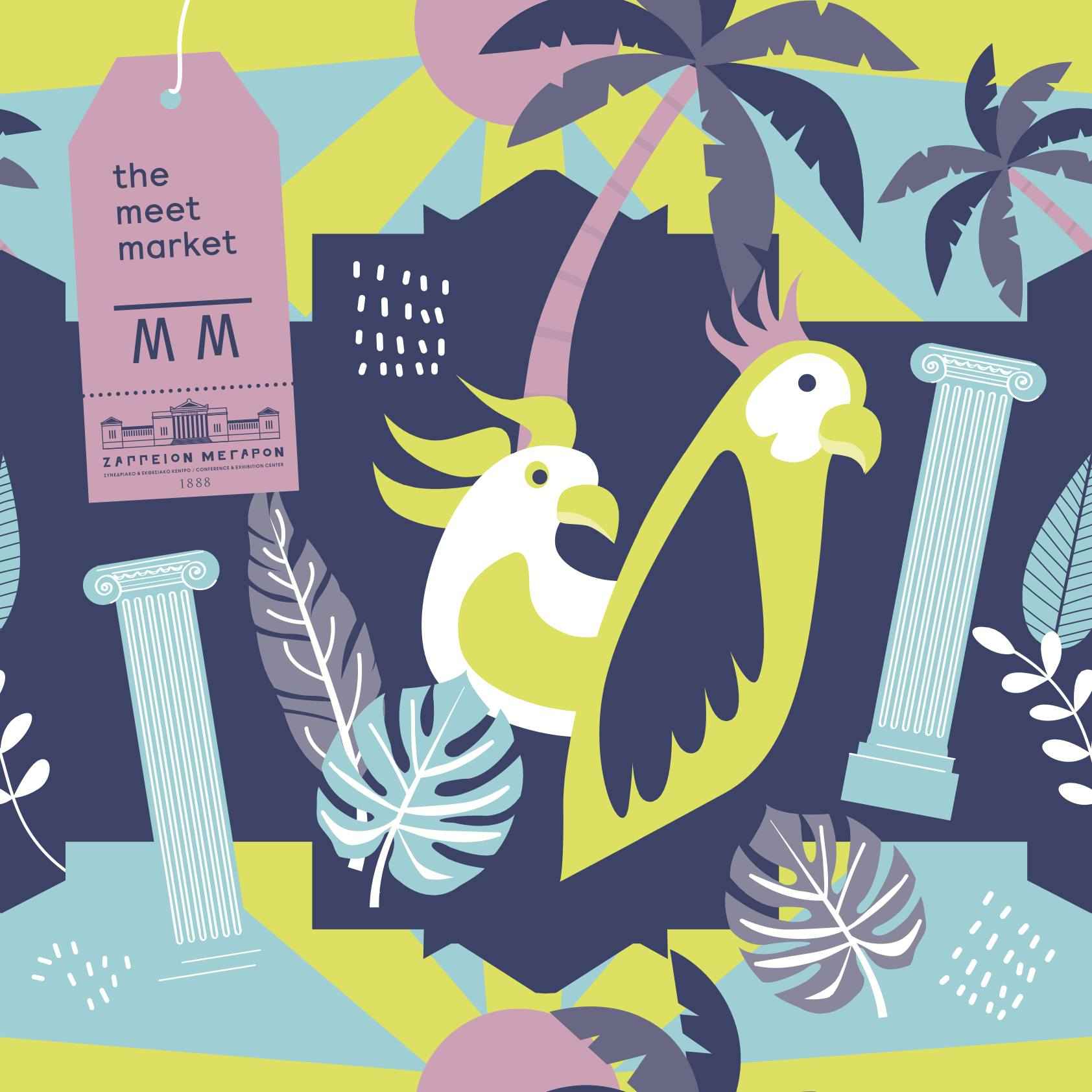 Tropical illustrated poster with two parakeets for The Meet Market at Zappeion, Athens, July 2023
