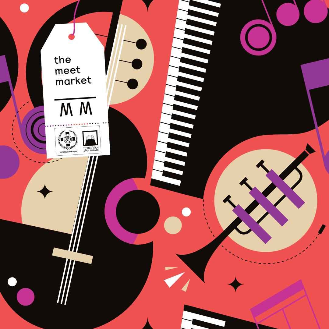 Jazz-themed illustrated poster with piano, trumpet and double bass for The Meet Market at Technopolis, June 2024