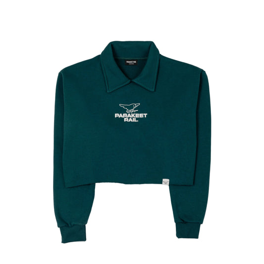 Parakeet Rail's petrol crop top shown from the front.